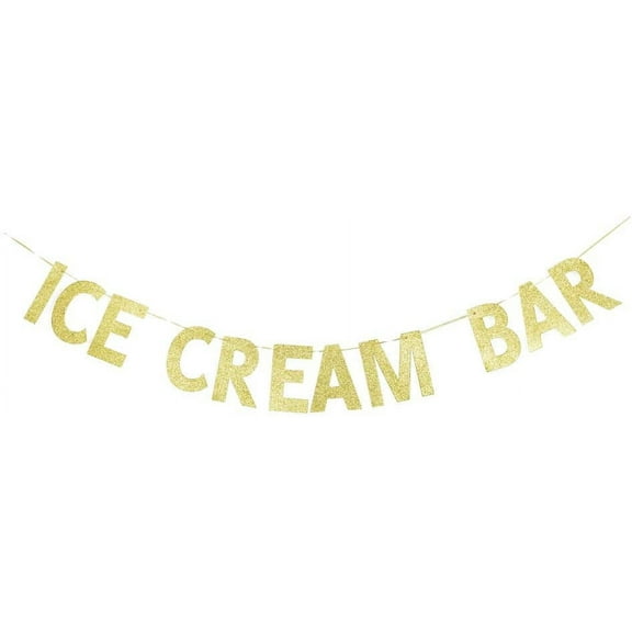 Ice Cream Bar Banner, Ice Cream Theme Party Sign, Kids/Children Birthday Decors Sign Garland Gold Gliter Paper