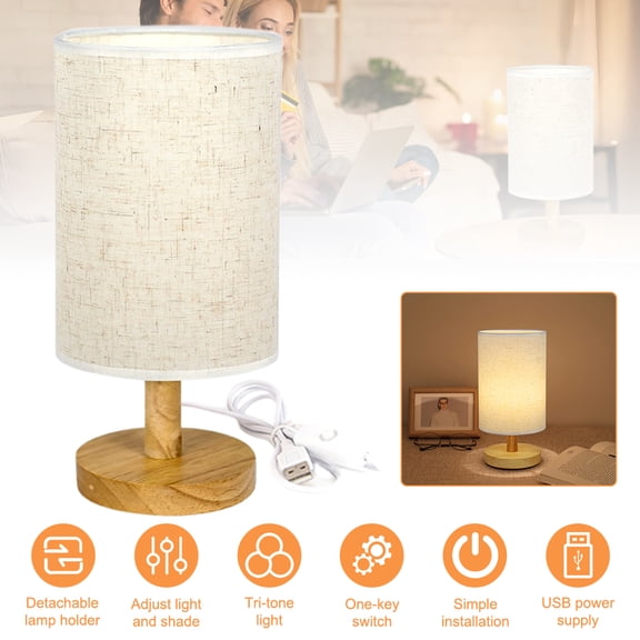 Wooden Base Table Lamp with Linen Shade, 3 Color Modes & Dimmable Bedside Lamp, USB Powered, Detachable Fabric Shade, for Bedroom, Living Room, Office