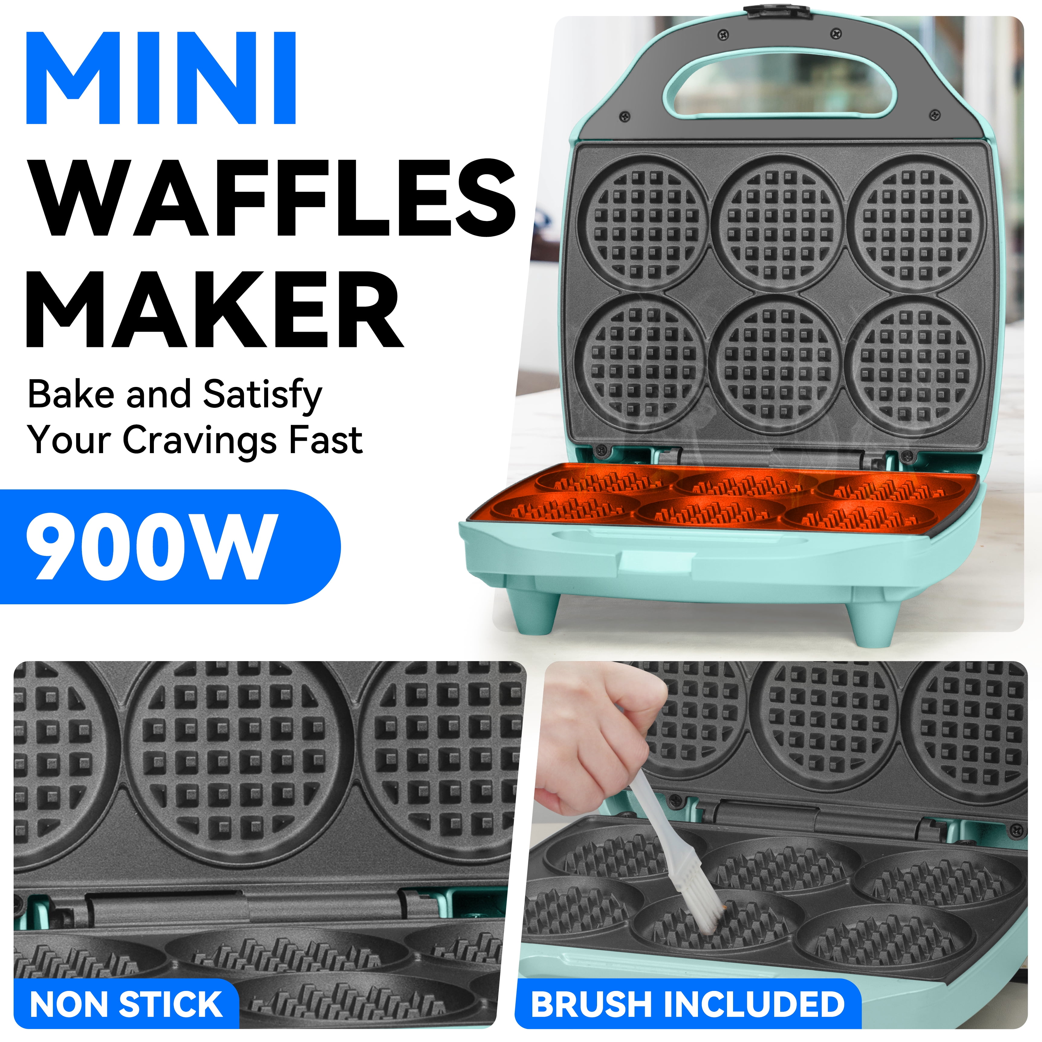 Mailand 6 x 3'' Multi Mini Waffle Maker Machine, Small Waffle Bites Iron, Non-stick, Aqua