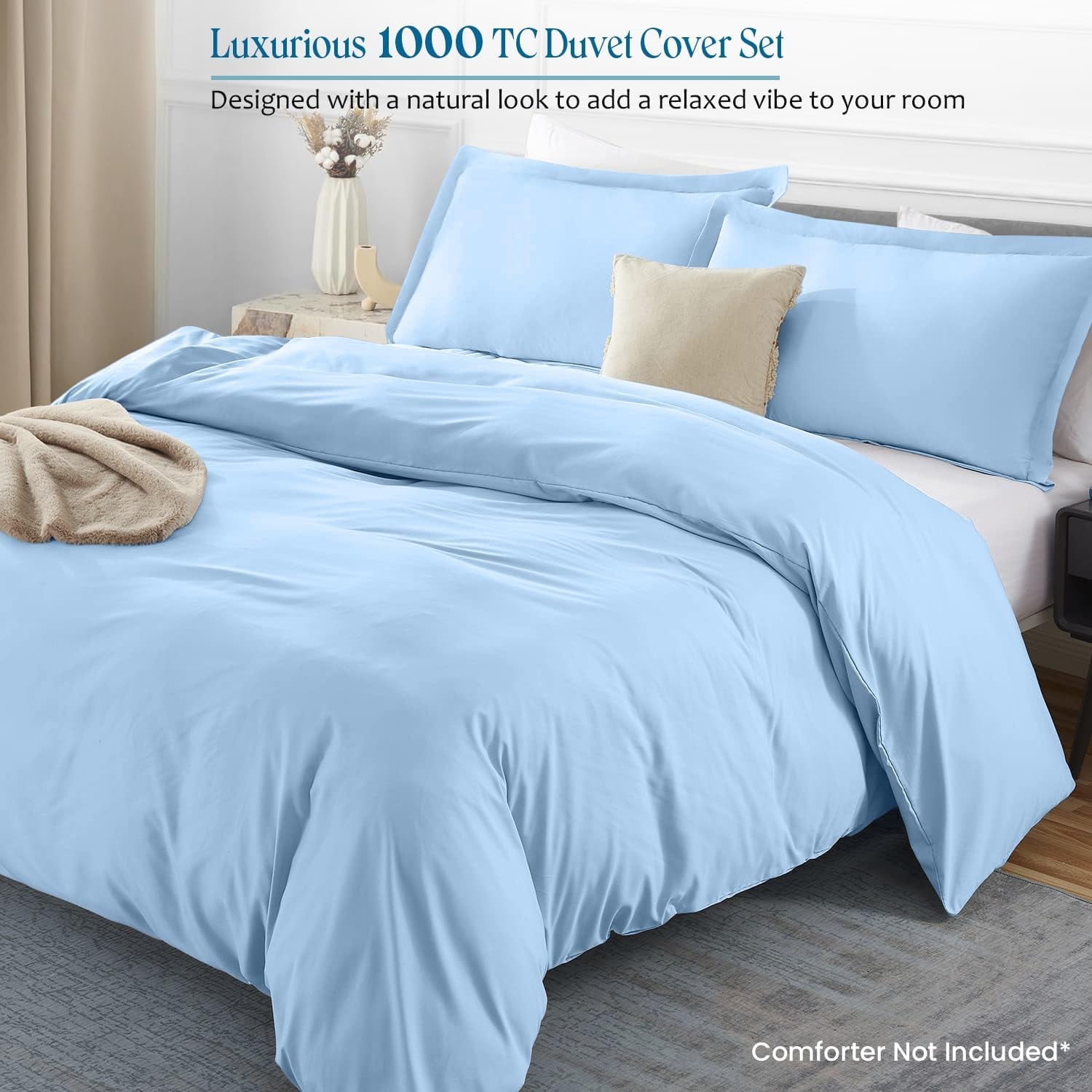 1000 TC 100% Egyptian Cotton Duvet Cover Zipper Closur Ultra Soft Durable and Fade Resistant Color Light Blue Solid size King