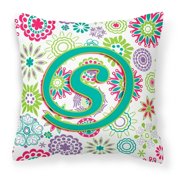 Letter S Flowers Pink Teal Green Initial Fabric Decorative Pillow