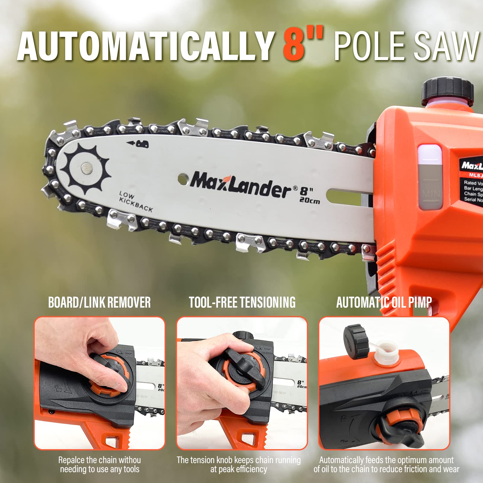 Maxlander Pole Saw 8-Inch Cordless Pole Saws for Tree Trimming and 18-Inch Pole Hedge Trimmer 2-in-1, 15-Feet MAX Reach, 16ft/s Speed, Auto Oiling Pole Chainsaw with 20V 2.0Ah Battery & Charger