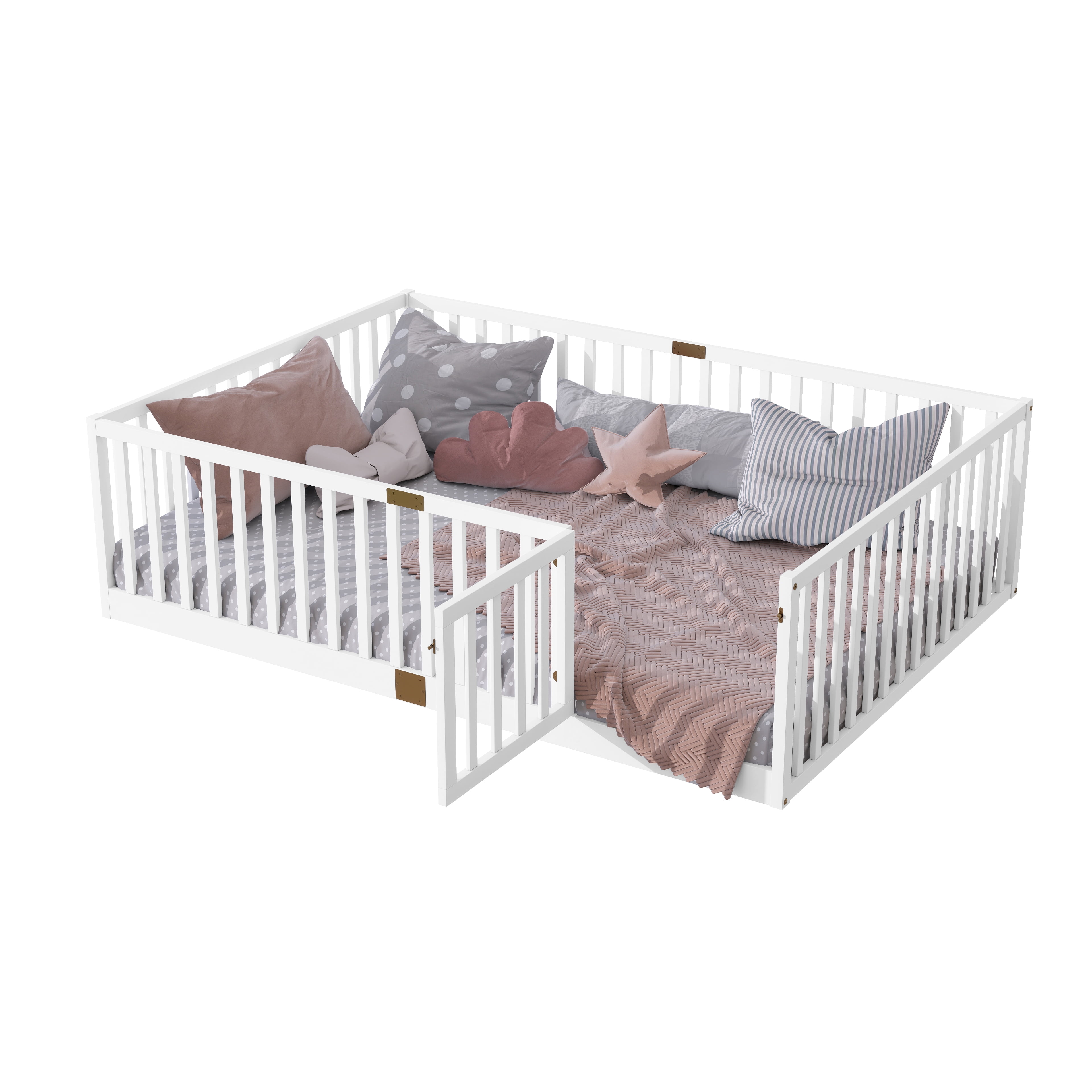 Full Size Rubber Wood Floor Bed with High Fence Railings and Revolving Door, White Safety Guardrails Kids Platform Bed with 6 Support Slats for Compact Bedroom