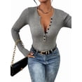 thumbnail image 3 of Women'S Long Sleeve Henley Tops Ribbed Knit Slim Fitted Trendy T Shirt Basic Tees Layer Fashion Outfits Gray S, 3 of 9