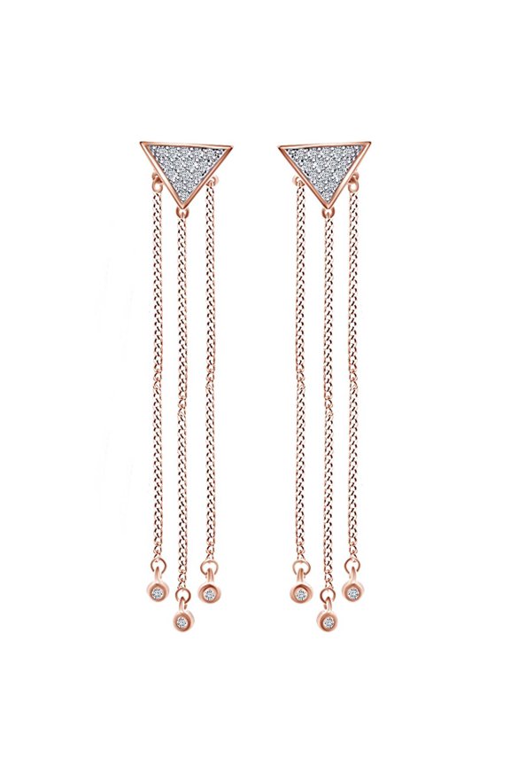 0.30 Cttw Round Cut White Natural Diamond Triangle Dangle Earrings In 18K Solid Rose Gold