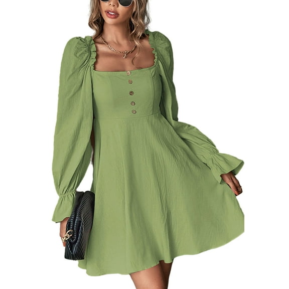 Square Neck Ruffle Cuff Button Dress for Women Above Knee Length