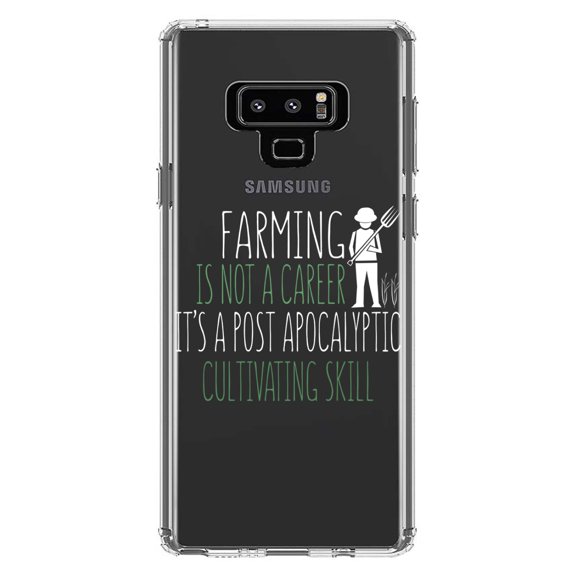 DistinctInk Clear Shockproof Hybrid Case for Samsung Galaxy Note 9 - TPU Bumper Acrylic Back Tempered Glass Screen Protector - Farming is Not a Career Post Apocalyptic Skill