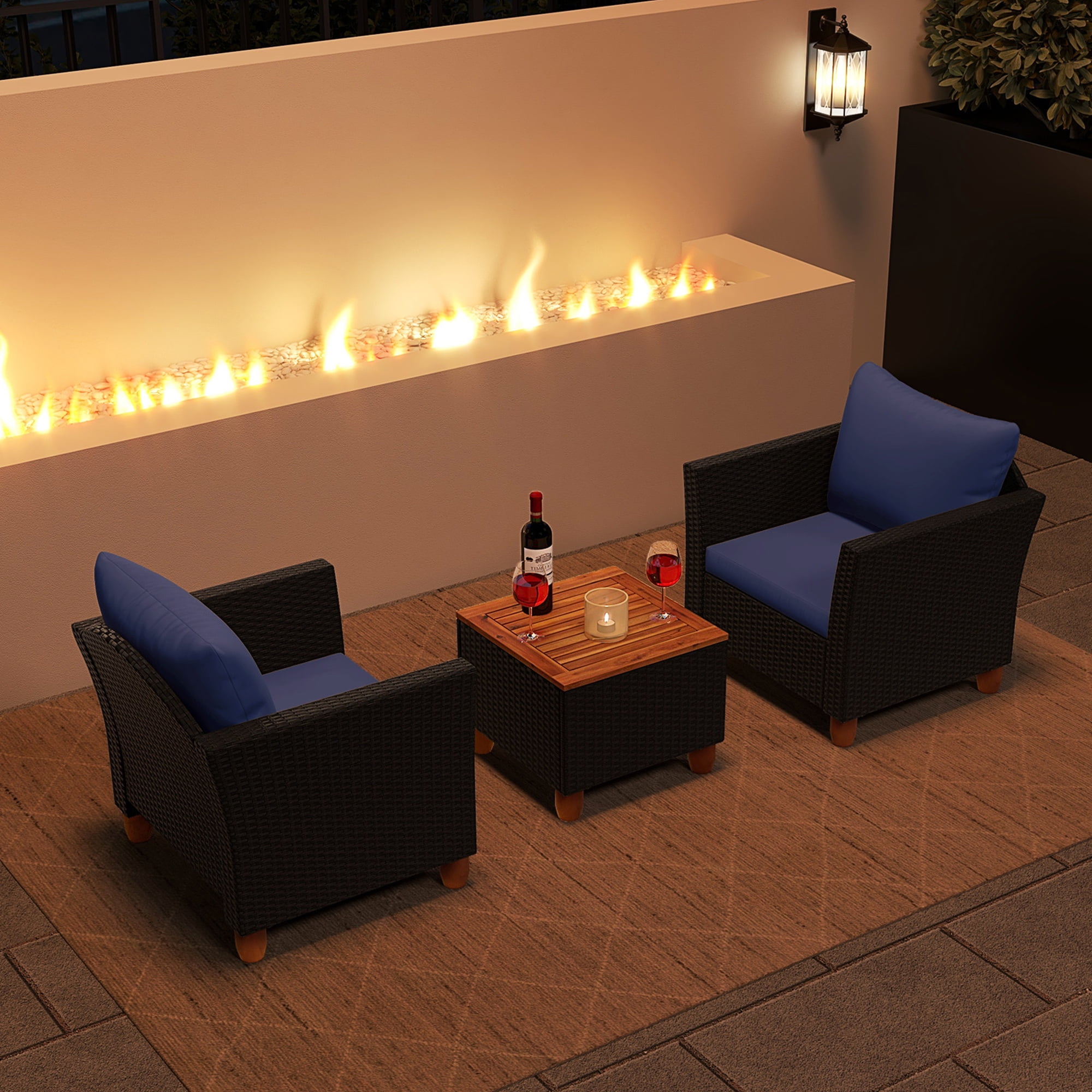 Costway 3PCS Outdoor Patio Rattan Furniture Set Wooden Table Top Cushioned Sofa Navy