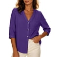 thumbnail image 2 of Warop Women's Summer Solid V Neck 3/4 Sleeve Top Single Pocket Button Shirt Blouse Tee Casual for Daily Office Wear, 2 of 9