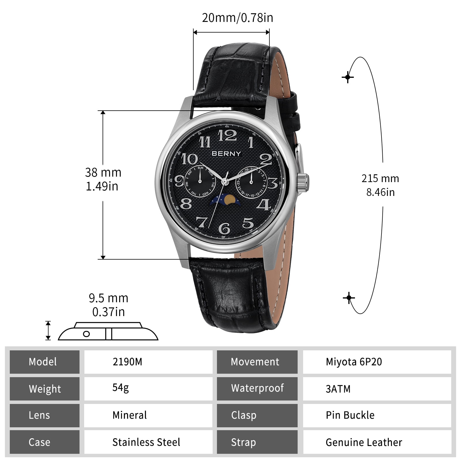 BERNY Dress Watches for Men, MultiFunction Leather Watch with Moon Phase, Day & Date Calendar, Stainless Steel Case, Easy to Read, Waterproof, Classic Analog Quartz Wrist Watch (Black)