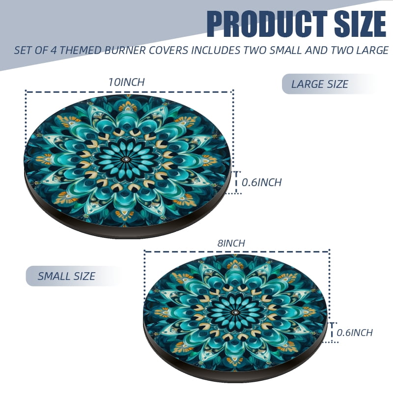 Round Electric Stove/Range Burner Cover, Blue-toned Mandala Painting Durable Gas Stove Burner Covers Conceals Messy Drip Pans Set of 4 for Kitchen, 8 Inches and 10 Inches