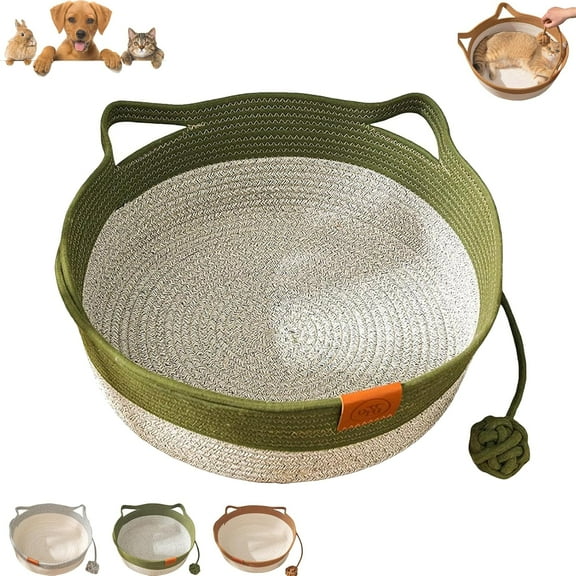 2026 New Cat Instinct Basket,Cotton Rope Woven Cat Basket,Pets Hand Woven Cotton Bed Basket with Built-in Scratching Pad and Play Ball for Cats and Dogs All-Season