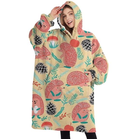 Oversized Wearable Blanket Hoodie,Cute Pink Hedgehog Pattern Sherpa Blanket Hoodie with Super Pockets,Super Warm Fuzzy Pullover for Women & Men
