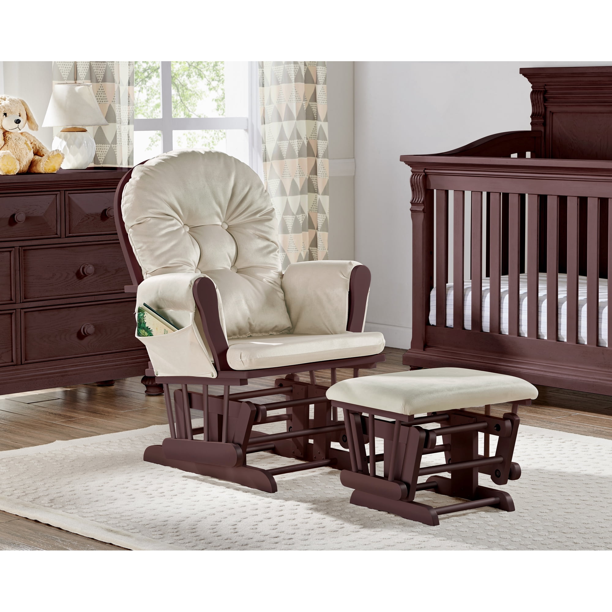 Suite Bebe Mason Wooden Nursery Rocking Chair with Ottoman, Baby Nursing Glider Rocker, Espresso/Beige