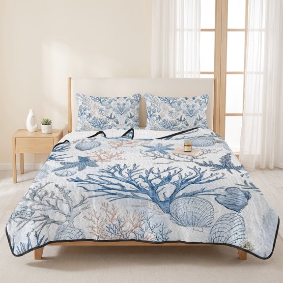 Queen Quilt Set, Blue Coral Shell Starfish Lightweight Quilt Sets Summer Comforter Coverlets with 2 Pillow Shams, Summer Marine Life Breathable 3 Piece Bedding Set for All Seasons