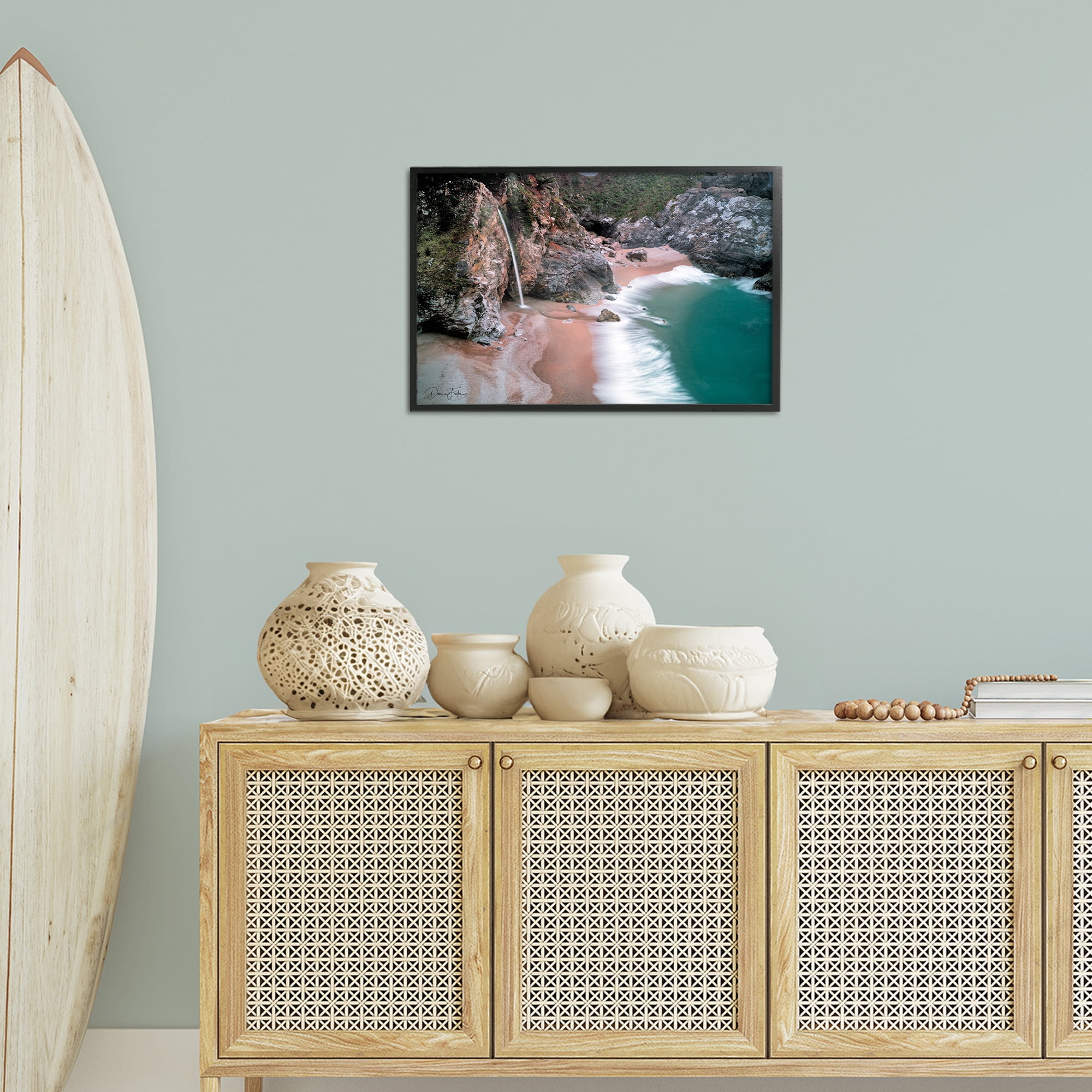 Stupell Industries Tropical Waterfall Cliffs Coastal Painting Black Framed Art Print Wall Art, 24 x 16