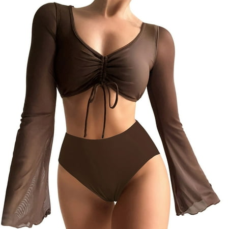 Rigardu Hot Sale!! High Waisted Bikini Sets for Women  2 Piece Swimsuit V Neck Pleated Drawstring Flared Sleeves Bikini Top Women s Long Sleeve Cover Up Split Bikini Swimsuit Bikini Set Coffee S