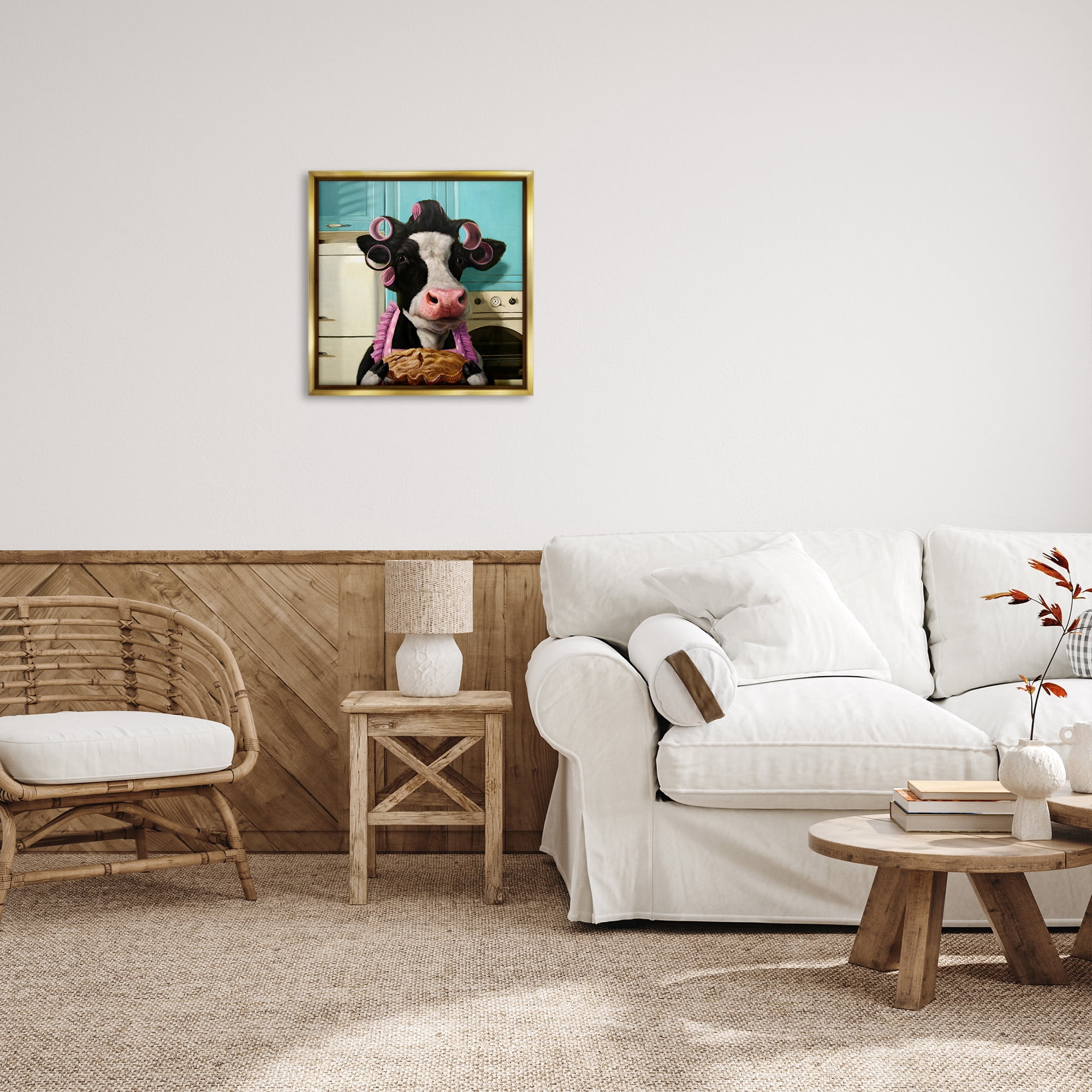 Stupell Industries Glamorous Cow Baking Pie Animals & Insects Painting Gold Floater Framed Canvas Art Print Wall Art, 25 x 25