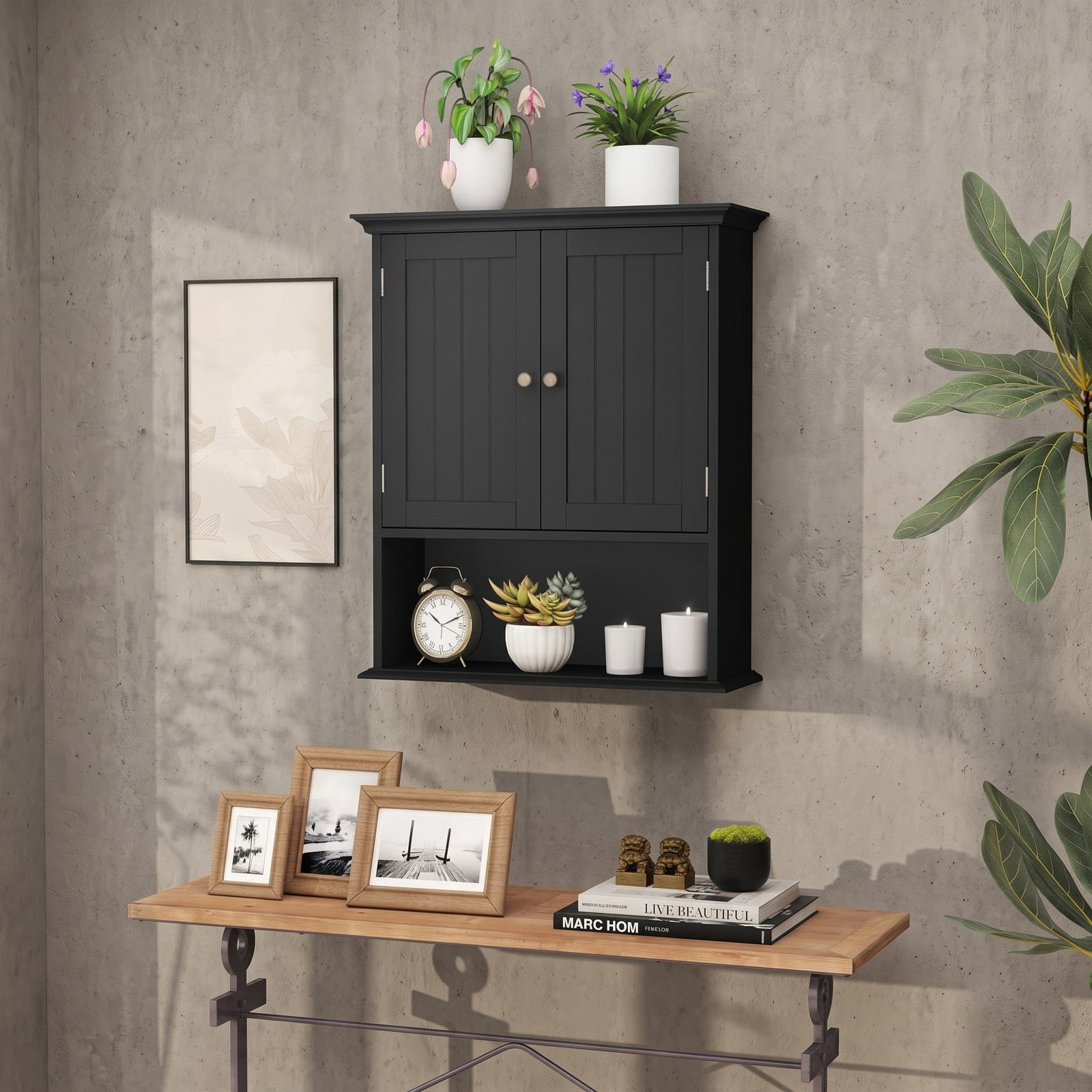 ALPULON Wall Mount Bathroom Cabinet, Wall-Mounted Storage Organizer with 2 Doors and Adjustable Shelves, Space-Saving Cabinet for Bathroom Kitchen Bedroom, Black