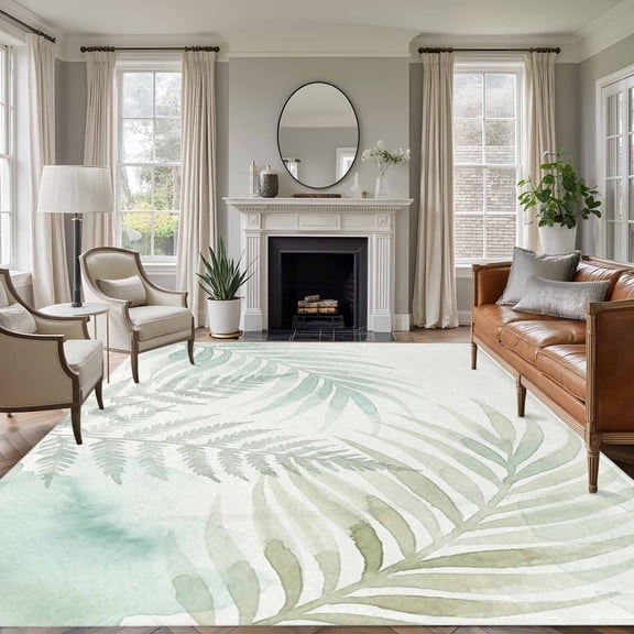 Large Area Rugs for Living Room Bedroom, Summer Botanical 8'x10' Rug Washable Carpet Runner Indoor Outdoor, Green Tropical Palm Leaves Watercolor Non Slip Floor Mats Rug for Kitchen, Patio