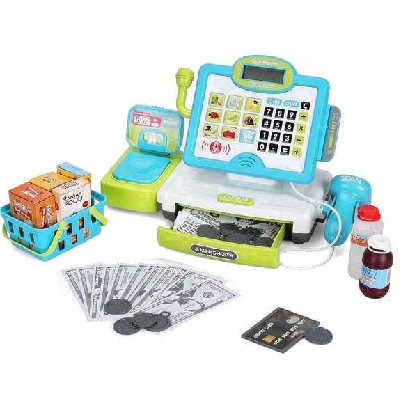 INTMEDIC Pretend Play Calculator Cash Register Toy as Preschool Gift for Kids, Classic Count Toy with Sound, Microphone, Scanner, Pretend Credit Card, Play Food for Boys & Girls