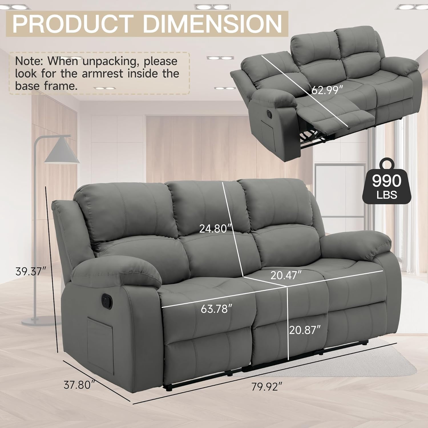 Chizzysit Reclining Loveseat Sofa Leather Recliner Sofa 3 Seater Couch for Living Room, Home Theater Seating - Gray