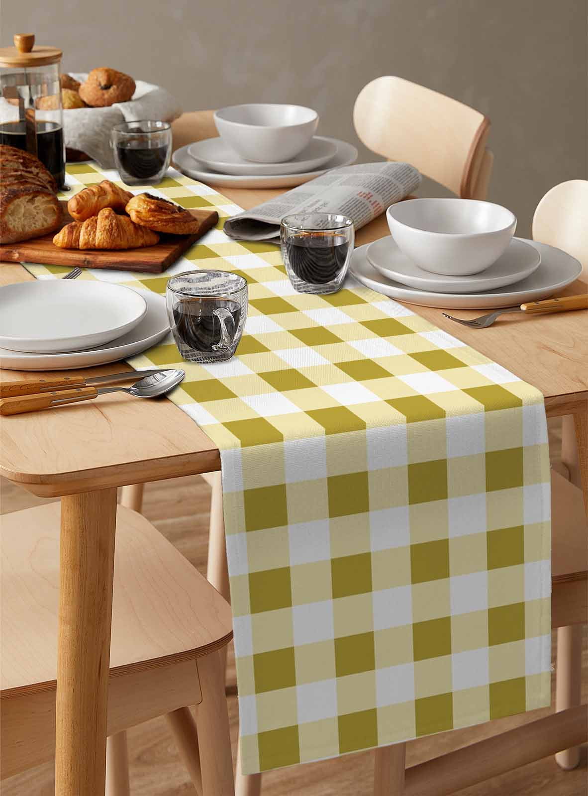 Yellow Checkered Burlap Cotton Table Runner 14x72 Inches Long, Farmhouse Buffalo Plaid Farmhouse Table Runners, Outdoor Dining Tablecloths Decor for Baby Shower/Party/Wedding