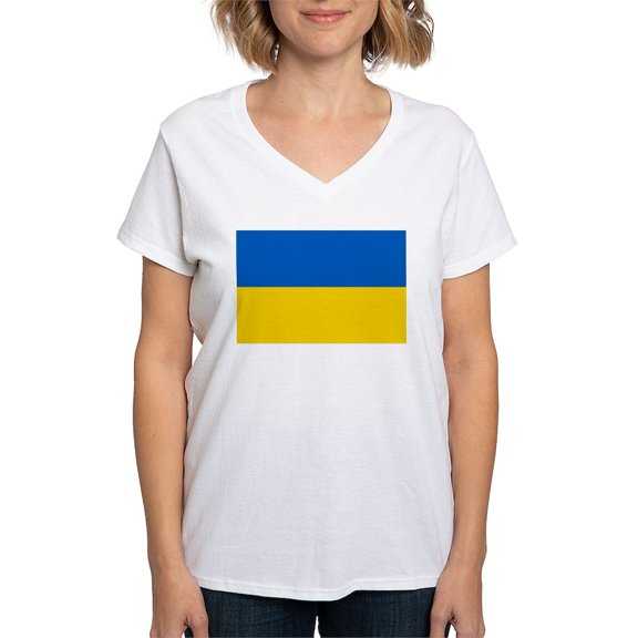 CafePress - Ukraine Flag T Shirt - Womens Cotton V-Neck T-shirt