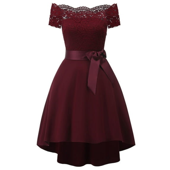 Jdlsppl Women's Short Sleeve Midi Dress Ladies Lace Off the Shoulder High Low Bowknot Vintage Banquet Dinner Formal Cocktail Evening Party Homecoming Skater Dresses Burgundy Medium