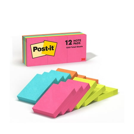 Post-it Notes, 1 3/8 in. x 1 7/8 in., Poptimistic, 12 Pads