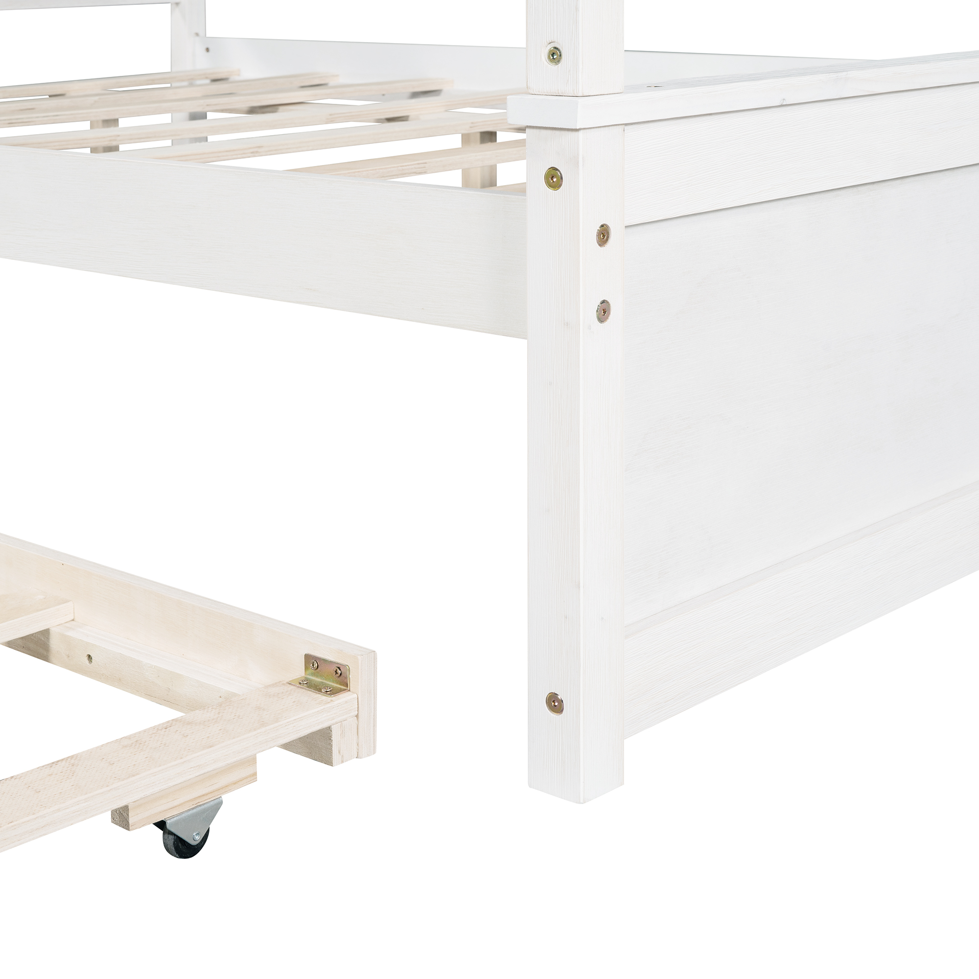 Gewnee Wood Canopy Bed ,Full Size Platform Bed Frame with Trundle and Headboard,White