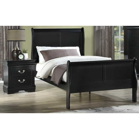 3pc Transitional Louis Philip Full Panel Bed and Two Nightstand Set Sturdy Wooden Bedroom Furniture Black Finish