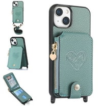 ELEHOLD Crossbody Wallet Case for iPhone 15 Plus with Card Holder, Zipper Card Slot Shockproof Purse Stand Cover with Removable Lanyard  Crossbody Shoulder Strap 6.7 Inch,Green