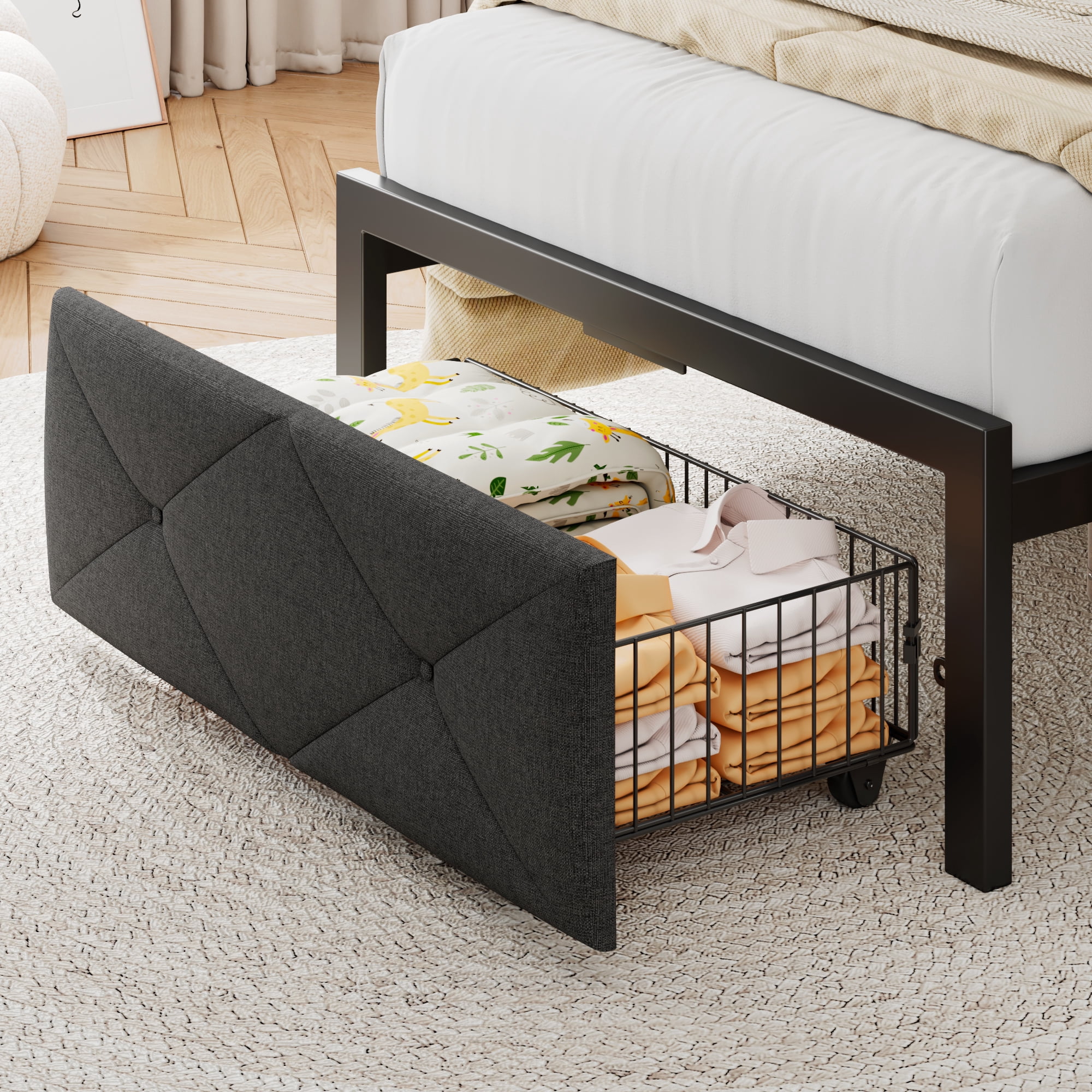 Virans Twin Size Bed Frame with Storage Drawers, Linen Upholstered Platform Bed with Charging & Storage Headboard, Metal Slat Support, No Box Spring Required, Noise Free, Easy Assembly,Gray