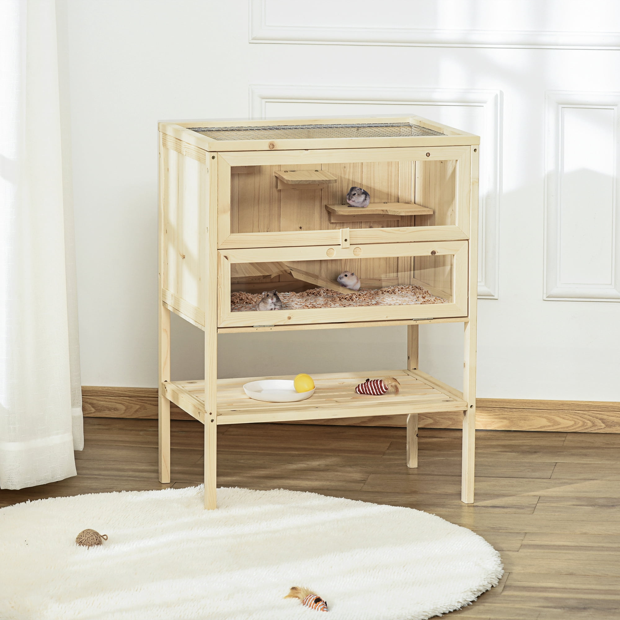 JUYG 3-Tier Wooden Hamster Cage Openable Top Front Door Storage Shelf
