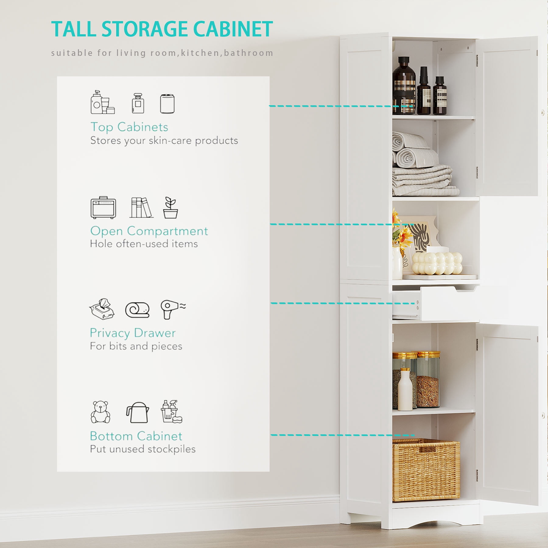 S-HOME 67 Inch Tall White Bathroom Cabinet with 2 Doors and 1 Drawer, Storage Organizer with Adjustable Shelves for Home Use