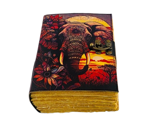 Handmade Leather Journal with Elephant Art – 5x7 inch Vintage Diary, 200 Pages Recycled Handmade Paper, Locking Clasp, Artisan Gift Notebook