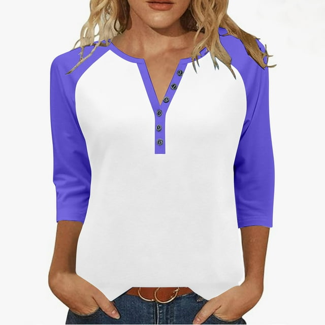 Plebaso Womens Tops 3/4 Length Sleeve Button Tee Color Block Tshirts Casual Lightweight Tunic Blouses