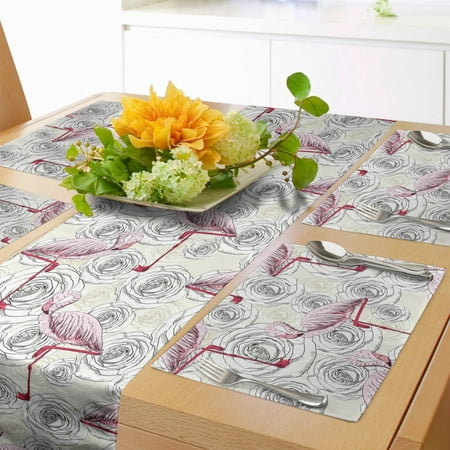 

Floral Table Runner & Placemats Pattern with Roses and Flamingo Birds Set for Dining Table Decor Placemat 4 pcs + Runner 16 x90 Ivory Pale Pink by Ambesonne
