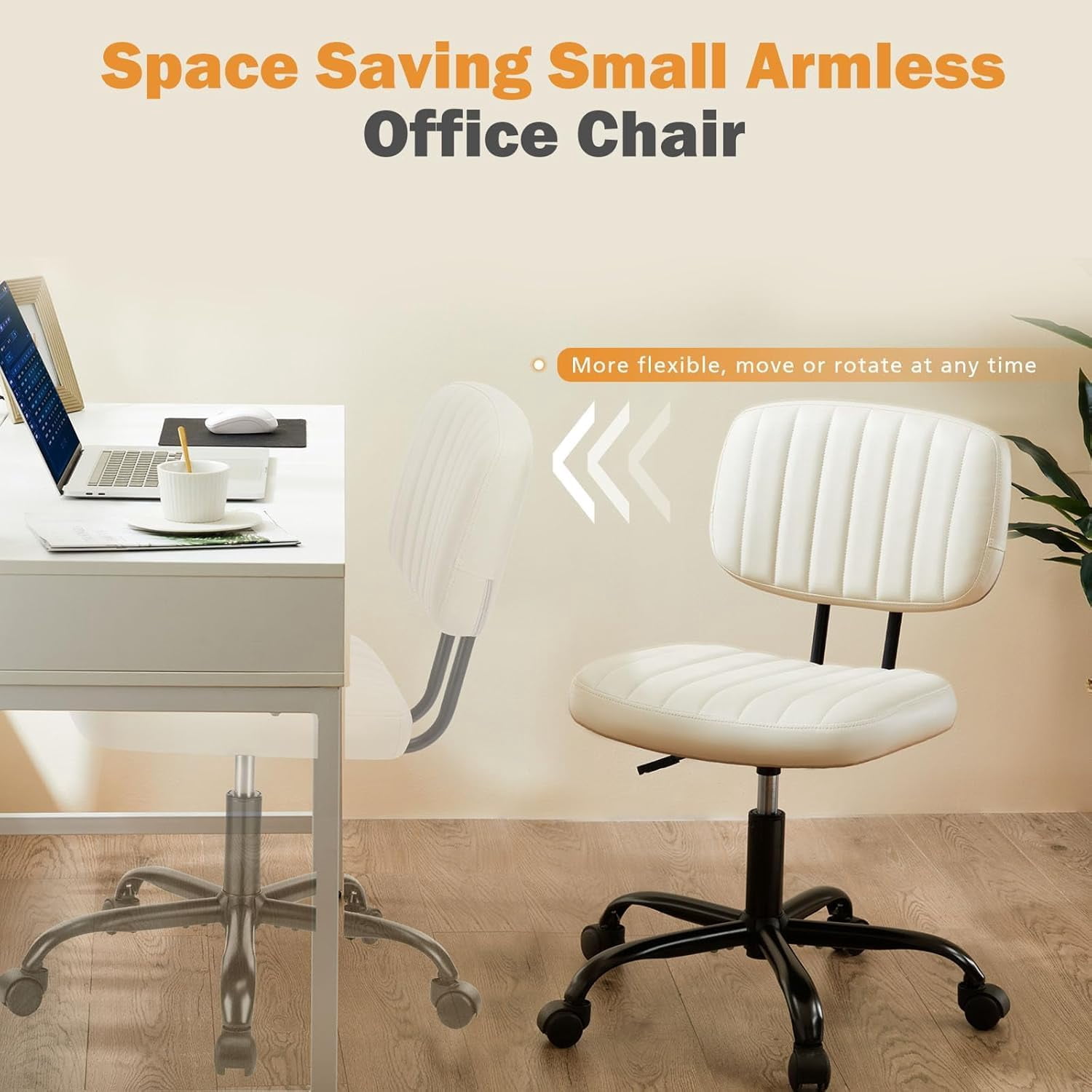 Atilioo Office Desk Chair, Armless Computer Chair with Wheels, PU Leather, Lumbar Support, 360° Rolling Swivel Task Chair for Home Office, White