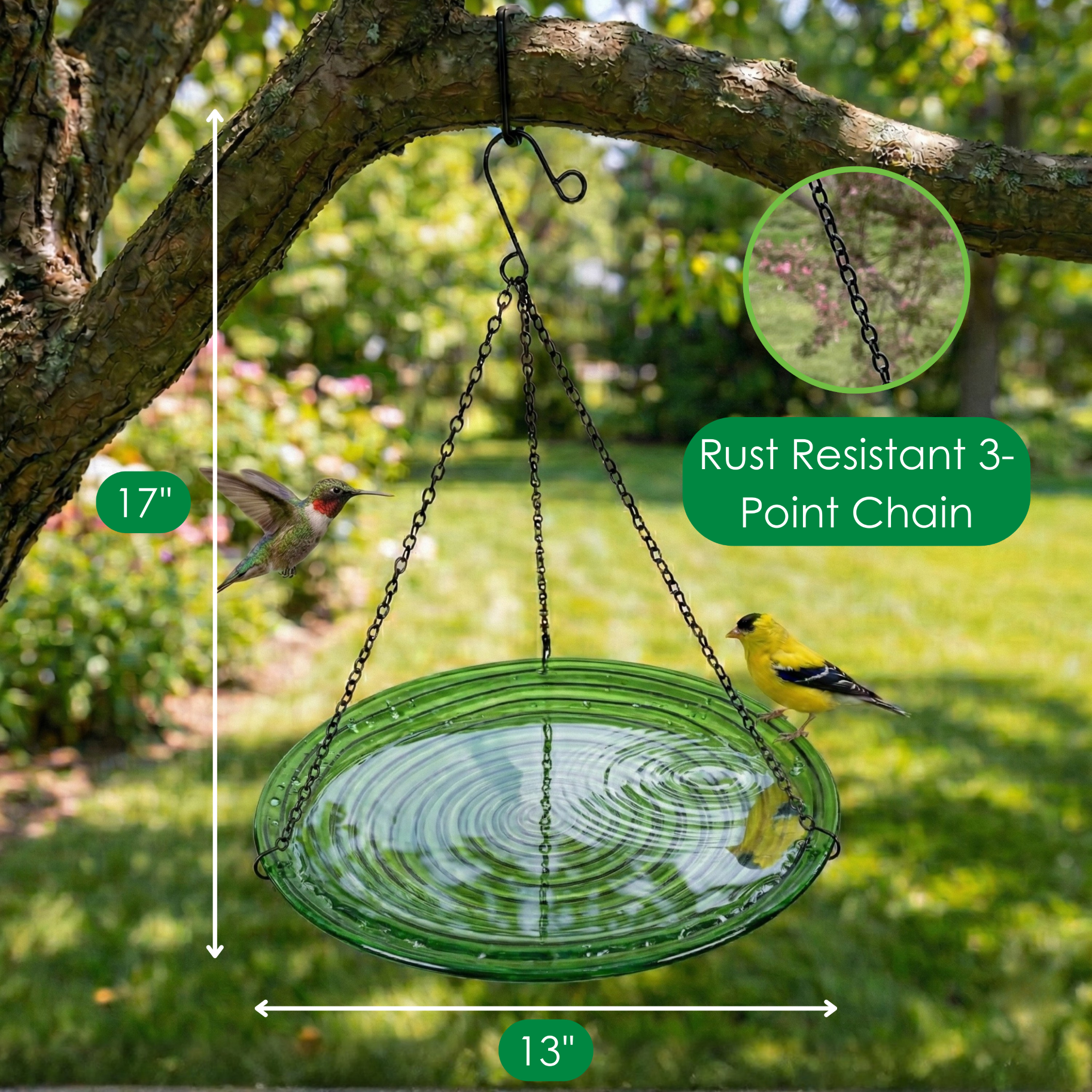 Songbird Essentials Glass Embossed Bird Bath, Hanging Birdbath Hunter Green, 13in Round