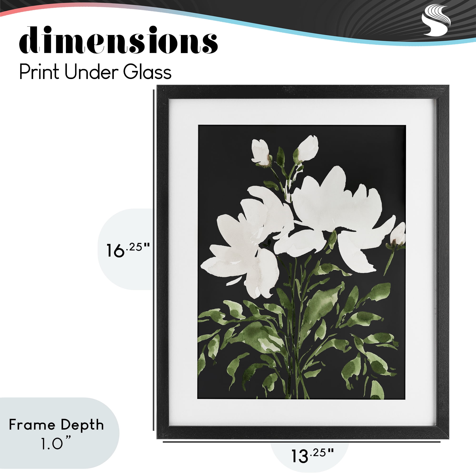 Stupell Industries White On Black Floral Black Framed Print Under Glass, design by Lucille Price