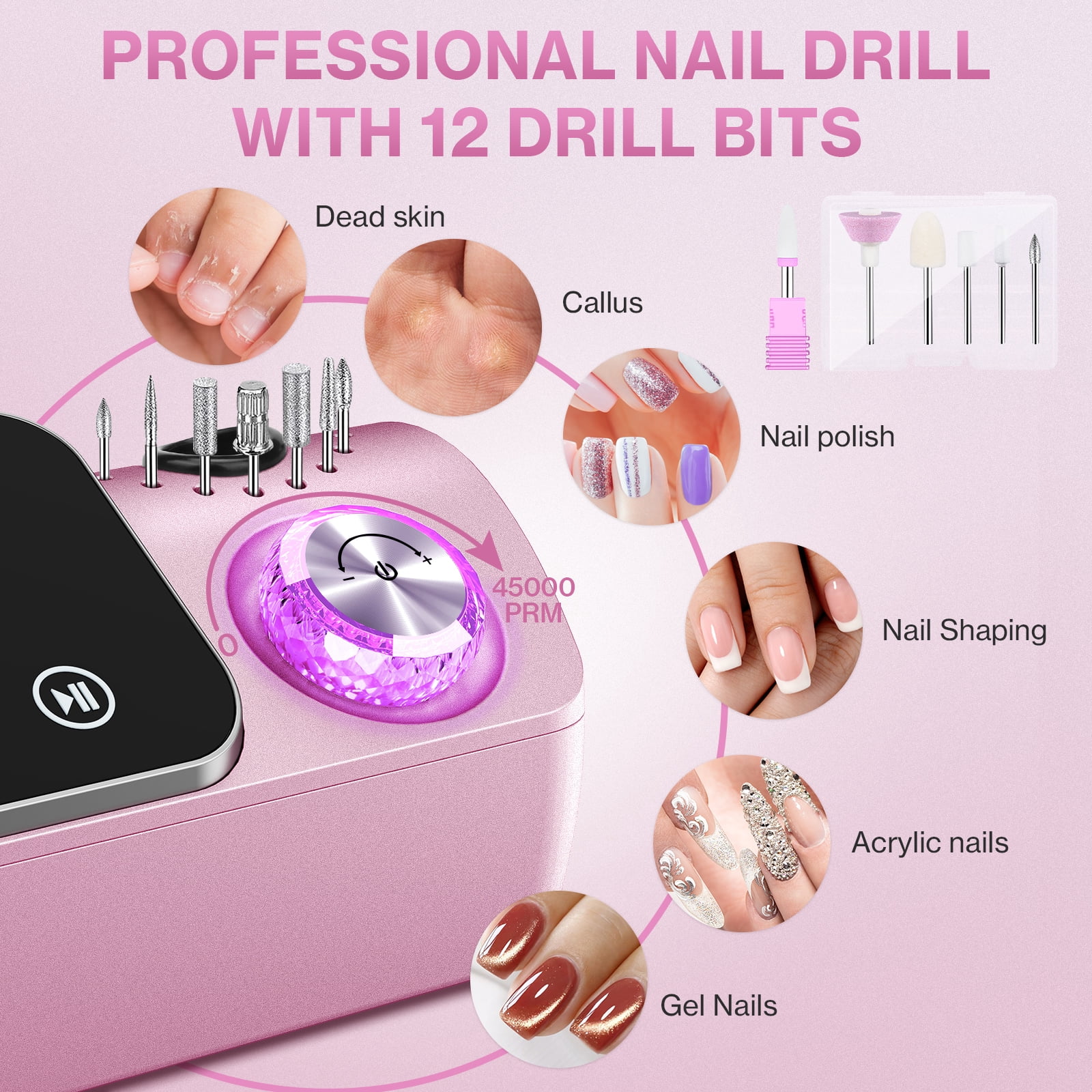 Electric Nail Drill Professional 45000RPM, Smart Touch Display Electric Nail File, Nail Drill Kit for Remover Acrylic & Gel Nails Manicure for Salon Home,Pink