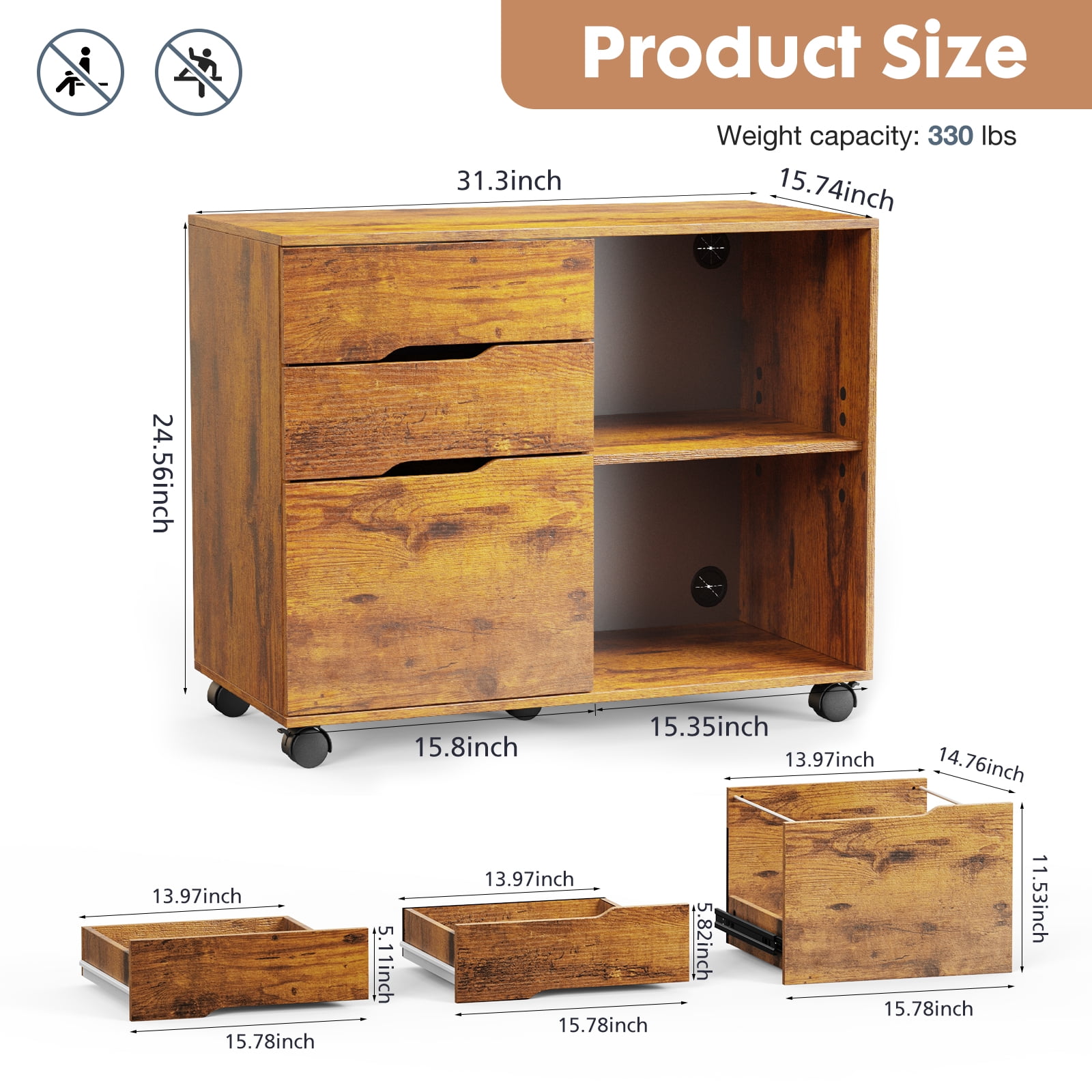 CONCETTA 3 Drawer Mobile File Cabinet with Lock, Under Desk File Storage for Home Office, Rust