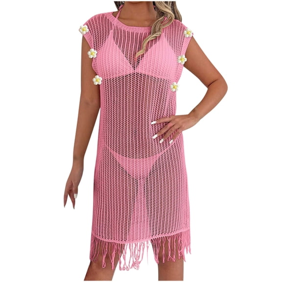 Ohufall Swimsuit Cover up for Women Crochet Hollow Out Knit Sundresses Summer Beach Tank Dresses Sleeveless Bathing Suit Cover Ups for Swimwear/Bikini