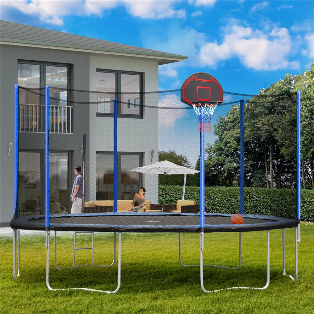 14' Round Trampoline for Kids, New Upgraded Outdoor Trampoline with Safety Enclosure Net, Basketball Hoop and Ladder, Heavy-Duty Trampoline for Indoor or Outdoor Backyard, Holds 264lb,Blue,LLL1617