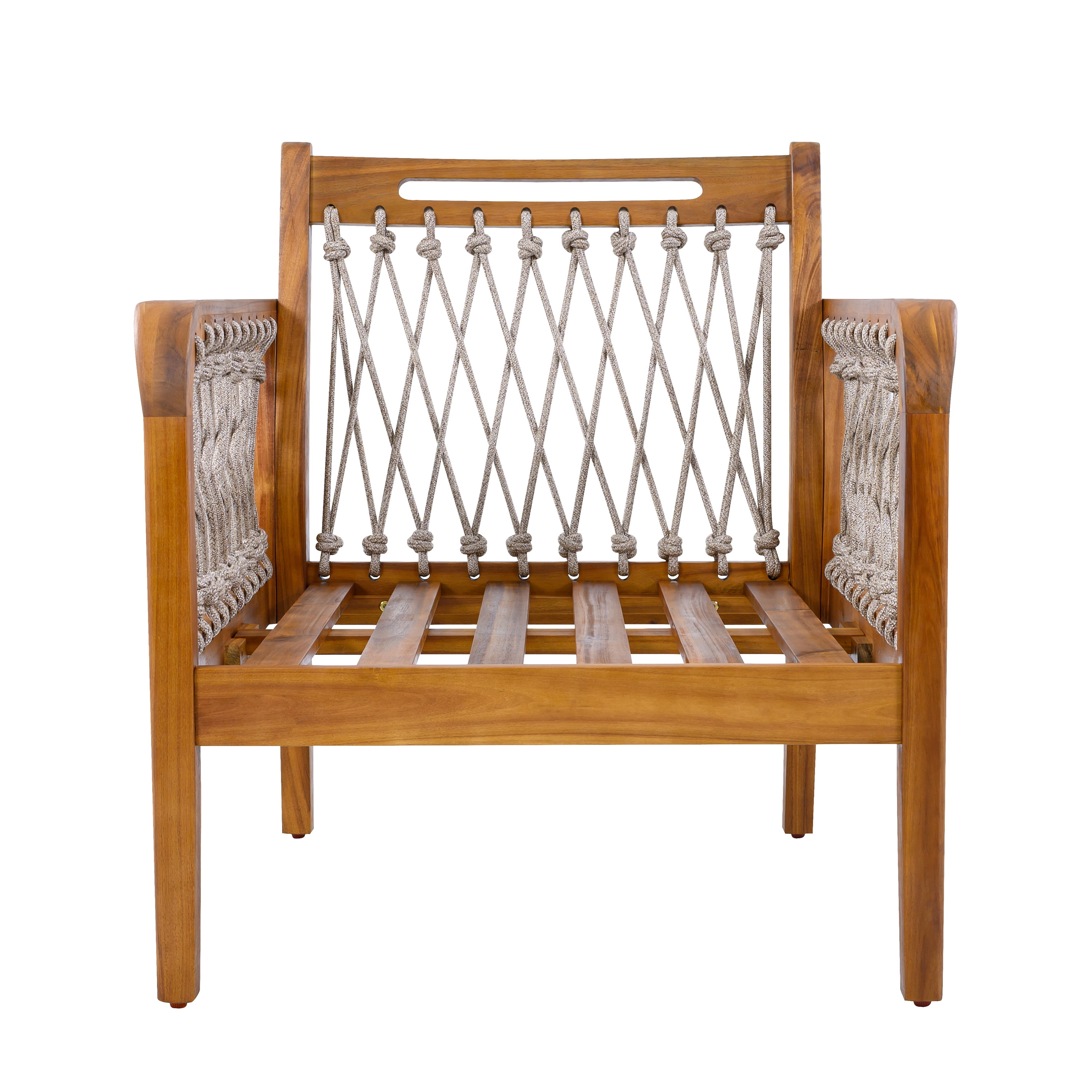 Club Chair, Outdoor Acacia Wood Chair with Handwoven Rope for Patio Garden, Teak and Cream