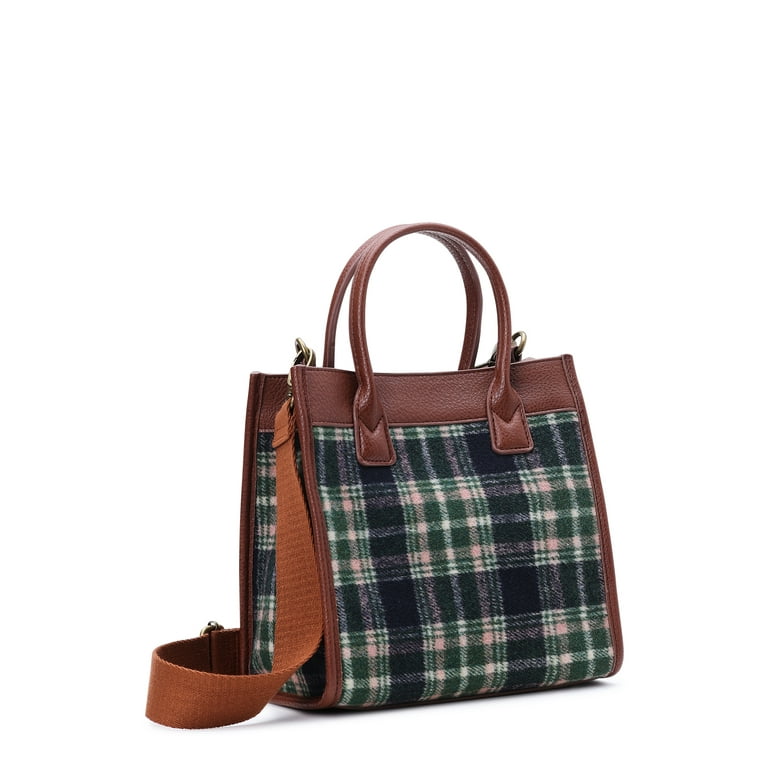 Time and Tru Women's Plaid Mini Tote Bag with Removable Strap, Navy Plaid, Size: Small, Blue