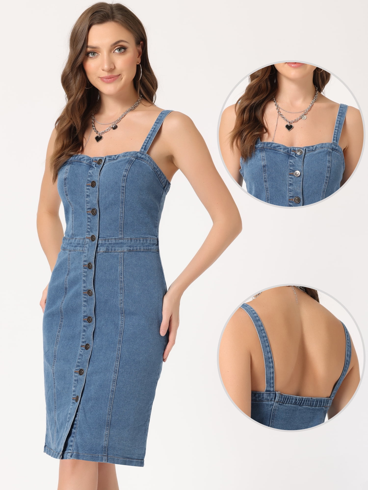 DARING DIVA Button Down Denim Sleeveless Sweetheart Neck Jean Dresses XS Light Blue