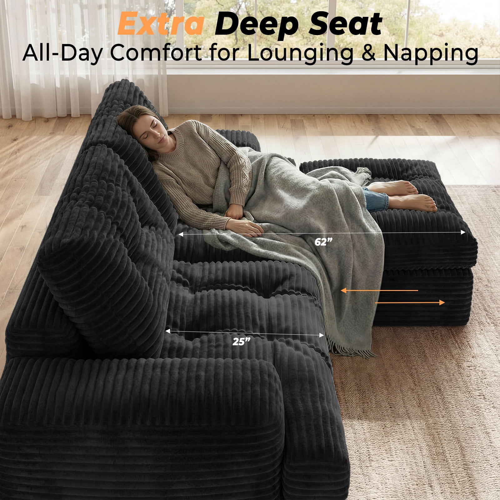 85" Modular Sectional Sofa for Living Room, L-Shaped Corduroy Cloud Couch with Ottoman, Two-Layer Cushion, No Assembly Boneless Sofa, Black